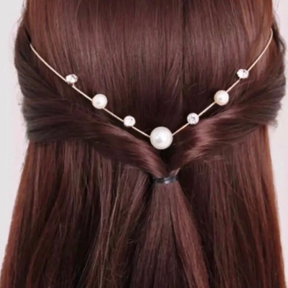 Elegant Faux Pearl and Crystal Gold Hair Chain - White Pearls